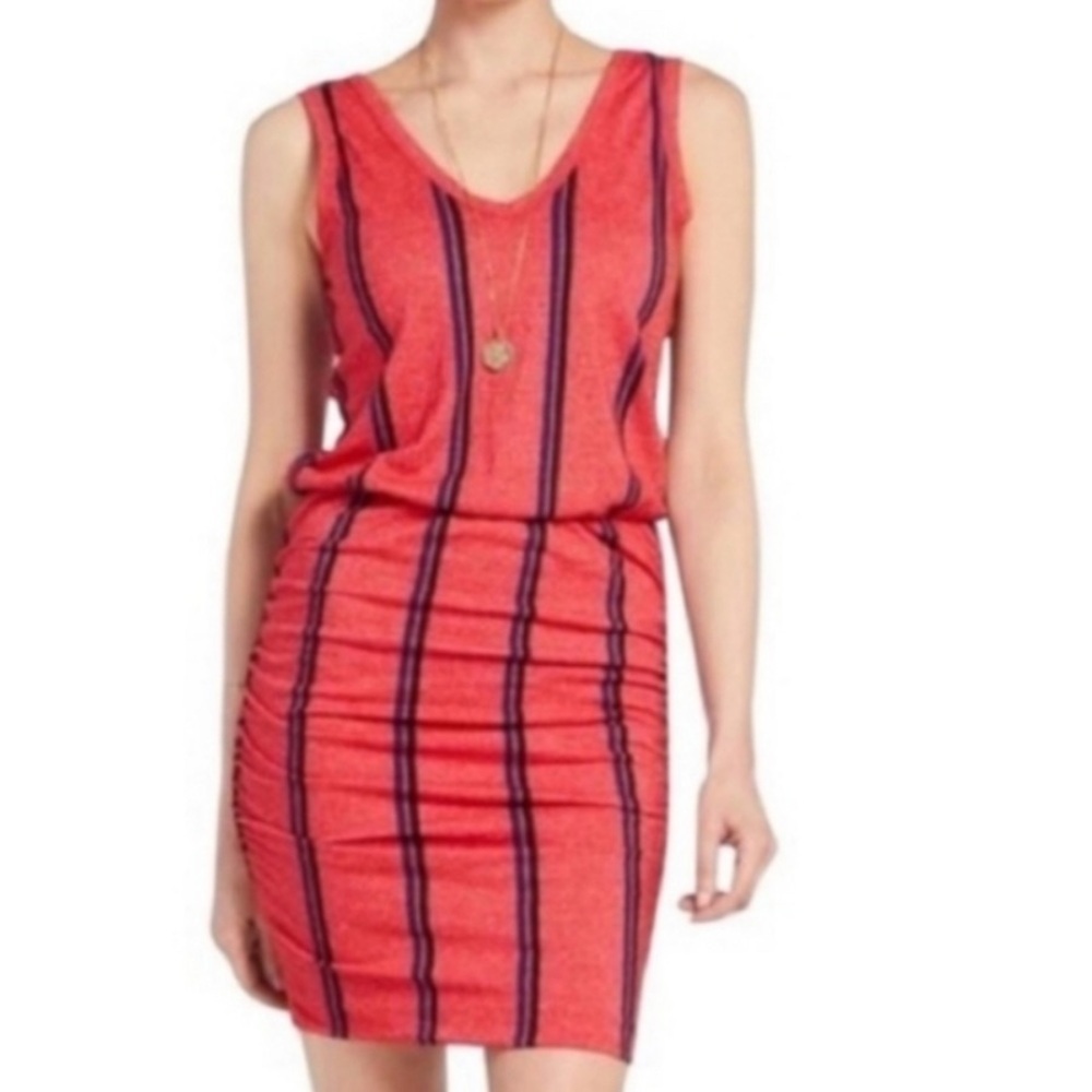 EUC Sundry Red and Blue Ruched V-Neck Midi Dress Size 2